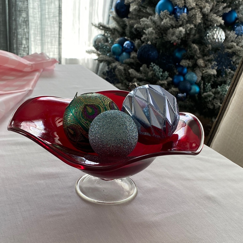 Vintage Ruby Red Hand Blown Art Glass Bowl Dish Compote Clear Pedestal Ruffle